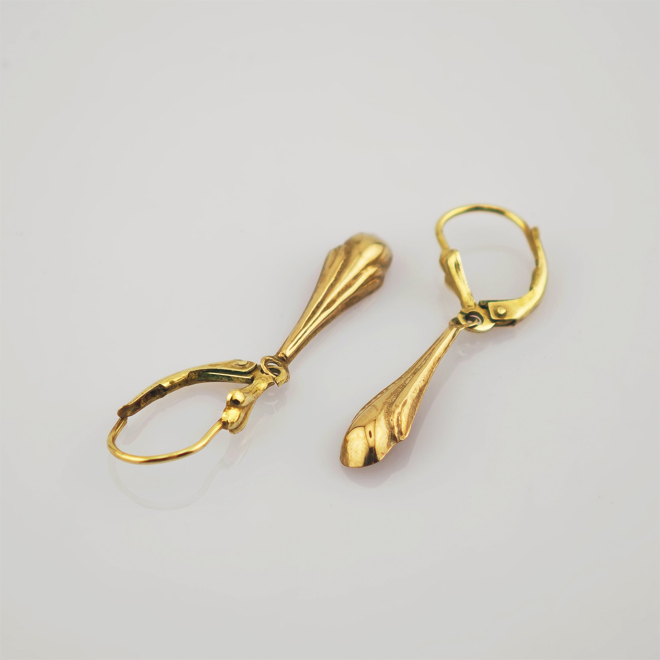 Elegante goldene hängende Ohrringe mit Scharnierverschluss und länglichem Tropfendesign.