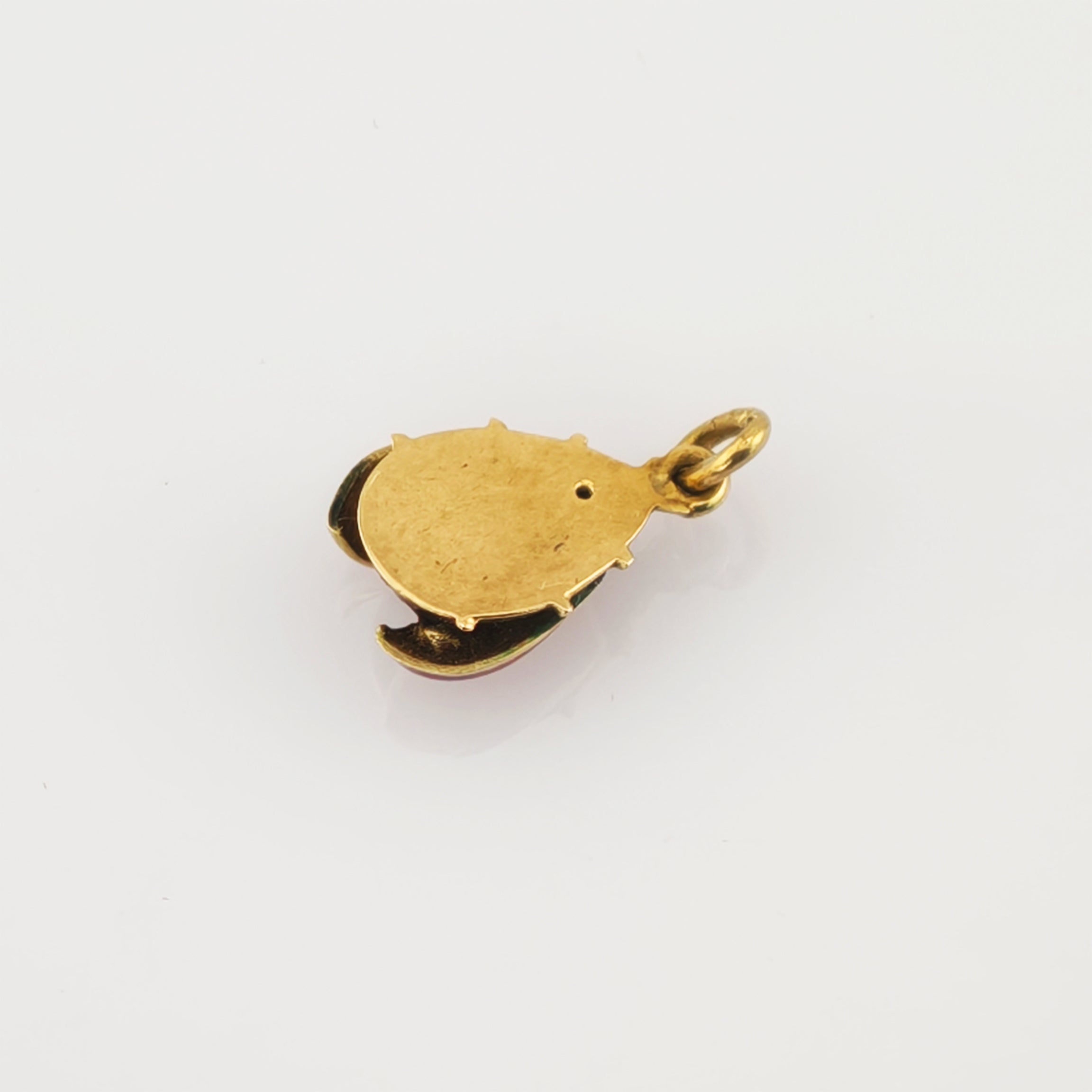 Kleiner goldener Anhänger mit unregelmäßiger Form und Befestigungsöse auf weißem Hintergrund.